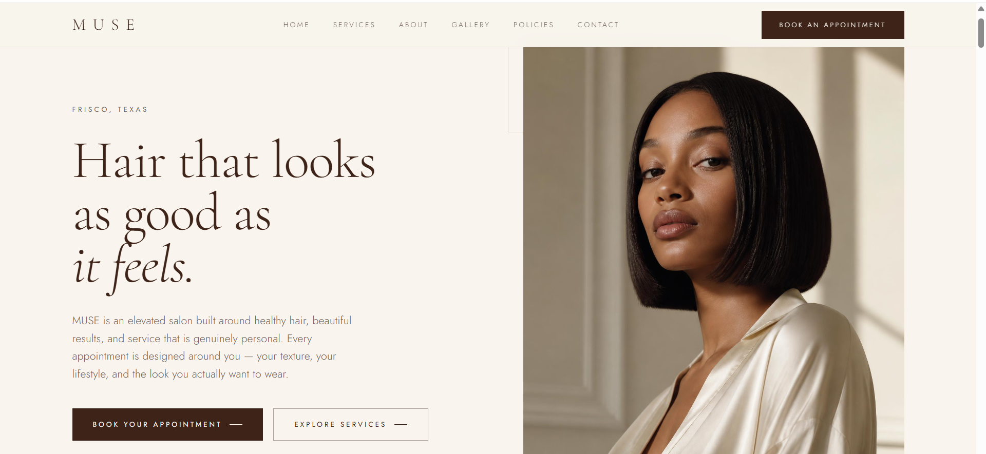 MUSE Hair Studio concept website homepage design